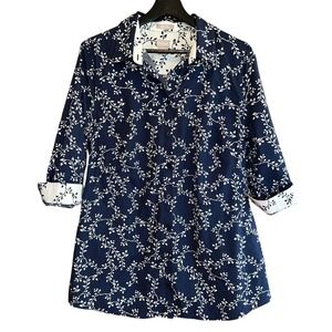 Chico's Tunic Top Button Down Floral‎ Leaf Print Pockets Navy Size 2 US L/12